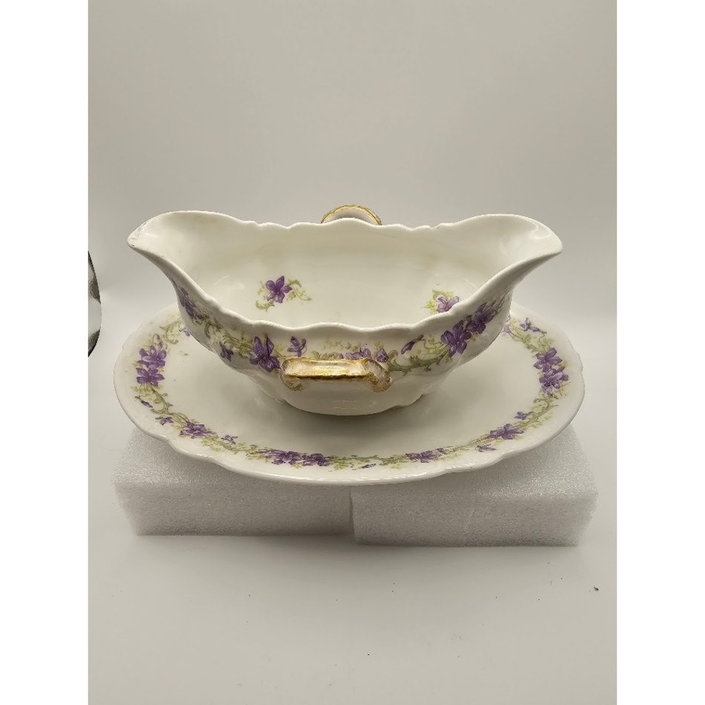 Limoges France Porcelain Gravy Boat Attached Underplate Violet Floral Gold Trim